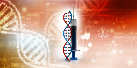 3d render of dna structure with Syringe
