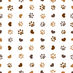 Doodle brown small paw prints with hearts seamless fabric design pattern vector background