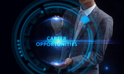 Business, Technology, Internet and network concept. Young businessman working on a virtual screen of the future and sees the inscription: Career opportunities