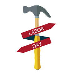 Festive labor day ribbon with hammer, vector art illustration.