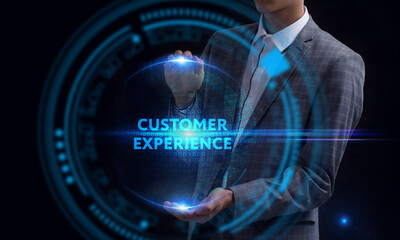 Business, Technology, Internet and network concept. Young businessman working on a virtual screen of the future and sees the inscription: Customer experience