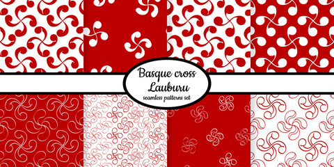 Collection of seamless patterns with Basque cross Lauburu designed for web, fabric, paper and all prints  - obrazy, fototapety, plakaty
