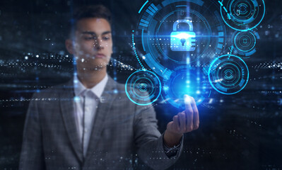 Business, Technology, Internet and network concept. Young businessman working on a virtual screen of the future and sees the inscription: