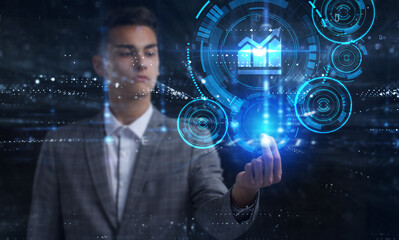 Business, Technology, Internet and network concept. Young businessman working on a virtual screen of the future and sees the inscription: