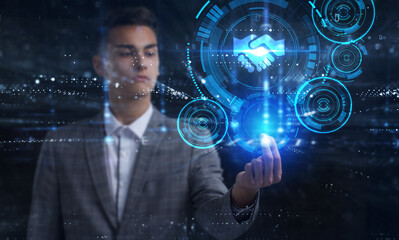 Business, Technology, Internet and network concept. Young businessman working on a virtual screen of the future and sees the inscription: