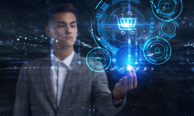 Business, Technology, Internet and network concept. Young businessman working on a virtual screen of the future and sees the inscription: