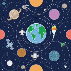 Seamless pattern with space and planets. Vector illustration of spaceships and rockets.