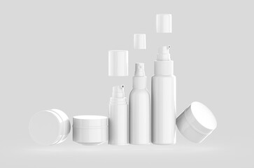 Set Plastic Cosmetic Bottles on White Background