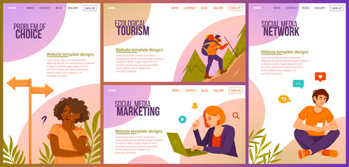 Set of four different website template designs for marketing, social media network, tourism and problems of choice with diverse people and copyspace for text, colored vector illustration