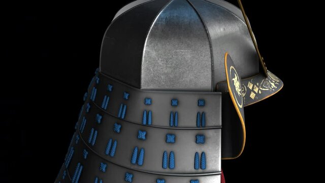  Samurai helmet - rotation zoom out - 3D model animation on a black background