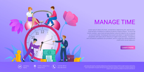 Manage time landing page. Tiny business people trying to turn back arrows of huge alarm clock. Effective workflow organization, deadline, productive strategy concept cartoon vector illustration