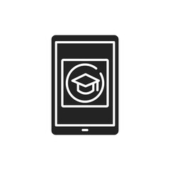 E-learning app in tablet black glyph icon. Online education website concept. Study program, courses app. User interface display. Sign for web page, mobile app, button, logo