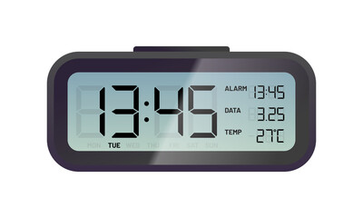 Black digital alarm clock. Electronic clock display. Conception of punctuality, accuracy and time measurement flat vector illustration isolated on white background.