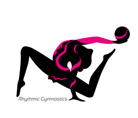 Girl athlete of Rhythmic gymnastics. The silhouette is black on a white background. Vector illustration, isolated.