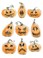 Watercolor set of pumpkins for halloween.  Different facial expressions. Watercolor illustration on  white background.
