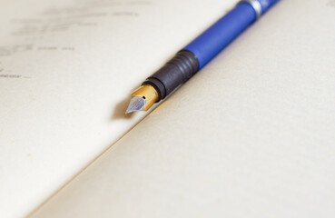 The fountain pen is lying on the open book. Close up