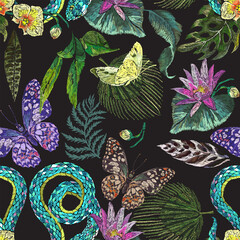 Embroidery with exotic floral pattern with butterflies, snake and tropical flowers. Vector seamless embroidered pattern for fashion design. - 368006570