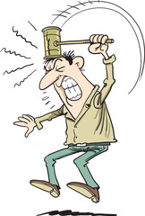 Man in frustration,  hammer hitting on his head.