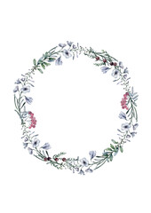 Wedding Invitation, cornflower floral invite card, forest floral and magnolia geometric golden frame print. White background