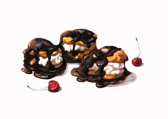 Profiteroles with custard and cherries