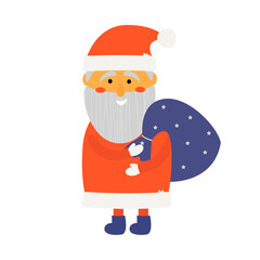 illustration of cute santa claus with a purple bag of gifts on his shoulder. for the new year, christmas. for design, cards, invitations. on a white background, flat style. vector