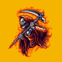grim reaper cartoon illustration for character merchandise clothing line and merchandise your brand's company