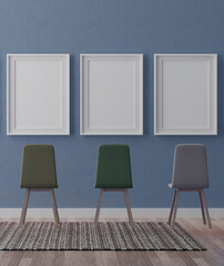 Three vertical white frame mock up, white frame on blue wall, 3d illustration