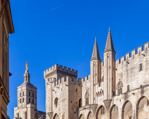 View of Avignon cathedral (Cathedral of Our Lady of Doms) and Palace of the Popes in Avignon, France