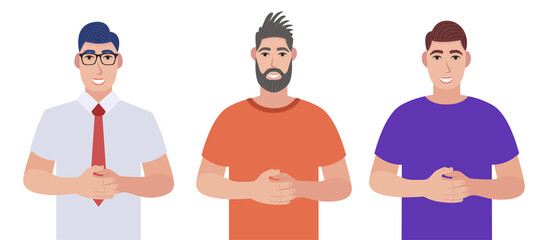 Men standing with hands clasped over. Character set. Vector illustration in cartoon style.