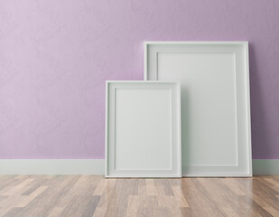 Fototapeta na wymiar Two vertical white frame mock up, white frame on purple wall, 3d illustration
