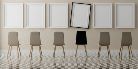 Six vertical white frame mock up, wooden frame and chairs on beige wall, 3d illustration