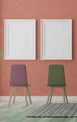 Two vertical white frame mock up, wooden frame and chairs on orange wall, 3d illustration