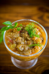 Eggplant caviar in the rustic bowl closeup