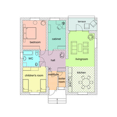 Architectural floor plan suburban house. Vector colorful ground plan.