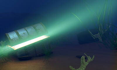 The old treasure chest sunk under the sea. The light shone out of the treasure chest. Under the sea atmosphere, there are rocks, sand, and treasure chest buried. 3D Rendering