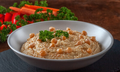Healthy Homemade Creamy Hummus with Olive Oil and Pita Chips