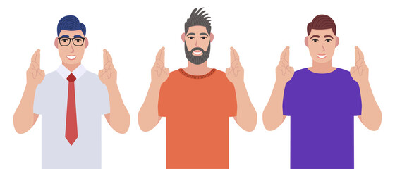 Men showing hopeful gesture sign with fingers crossed. People making believe or wish symbol with hands. Character set. Vector illustration in cartoon style.