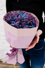 Bouquet of hydrangea in purple package