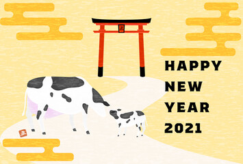 年賀状はがきテンプレート2021年丑年、初詣と神の使いの牛のイメージ