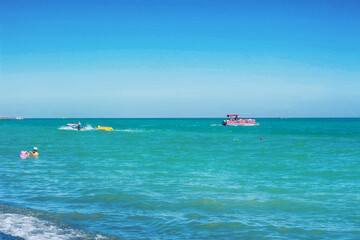 Lake Alakol, Kazakhstan. Rest on the clear blue lake. Resort place in Kazakhstan.