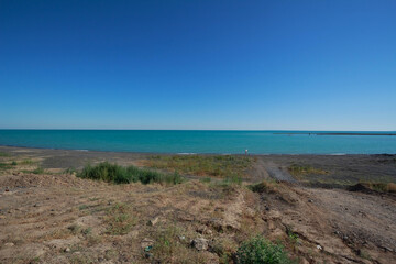 Lake Alakol, Kazakhstan. Rest on the clear blue lake. Resort place in Kazakhstan.