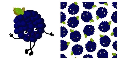 BLACKBERRY character. Cute funny berry. Berry seamless pattern. Bright colors..