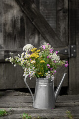 Fototapeta na wymiar wildflowers in a metal watering can
