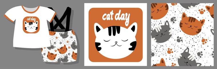 Funny print for baby clothes. Cute pattern with cats. T-shirt design. illustration.Ready design kit..