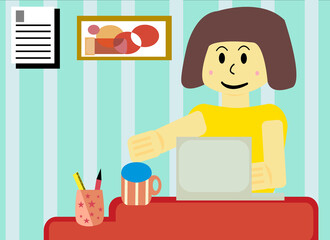 Woman work from  home on a laptop in home with computer.