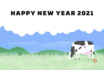 年賀状はがきテンプレート2021年丑年、牧場にいるホルスタインのイラスト - obrazy, fototapety, plakaty