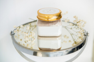 Spa still life with salt and soap. Spa still life with essential oil. White bank with space for writing on the label