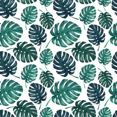Watercolor blue colored monstera leaves seamless pattern.