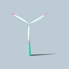 Vector illustration. Wind turbines with changing angle rotation. Windmills with shadow. Symbol of ecological power. Alternative energy resources. For design landscapes, games, infographics, etc.