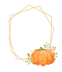 Watercolor fall frame with pumpkin, foliage, and flowers on a white background. Orange hand-drawn autumn template for the party and other events. Abstract geometrical form frame for your design.